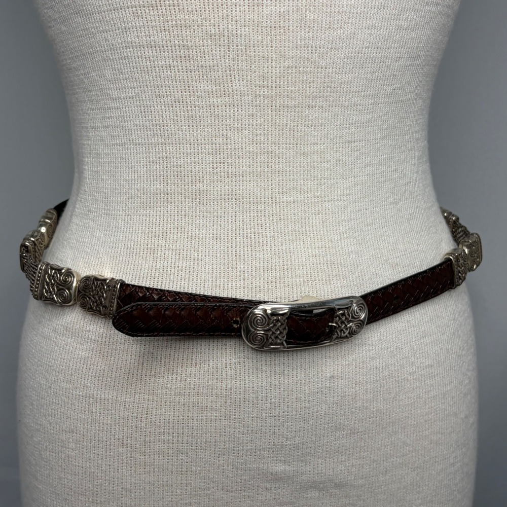 Brighton Reversible Black Braided Brown Leather Celtic Knot Silver Mesh Belt 32